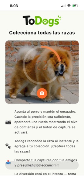 Intro screen explaining how to scan a dog in Todogs